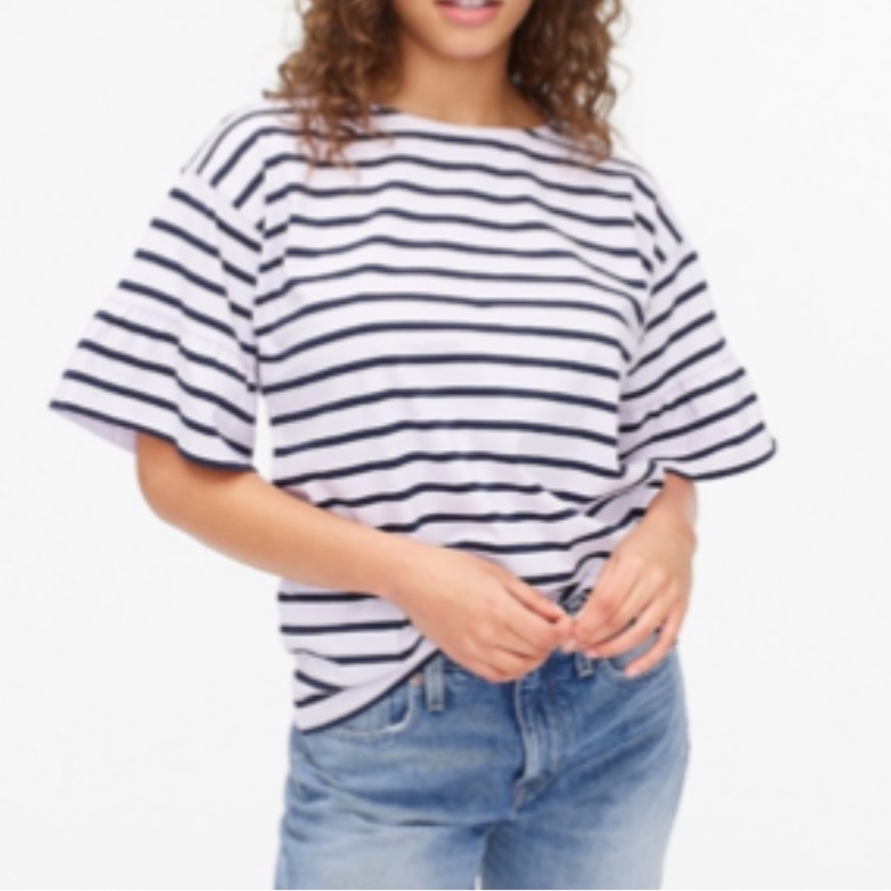 J Crew Womens Mariner Cloth Ruffled Sleeve T-Shirt Size XS Navy White #j6